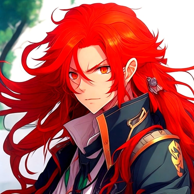 An anime boy with long flowing red hair and a determined look