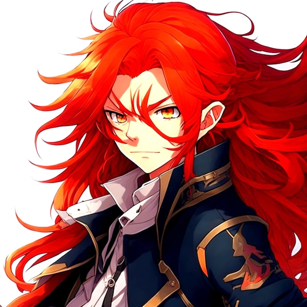 An anime boy with long flowing red hair and a determined look