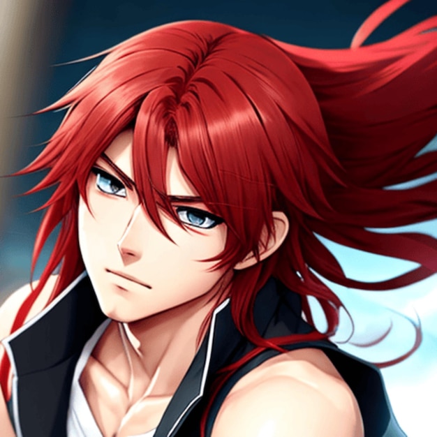 An anime boy with long flowing red hair and a determined look