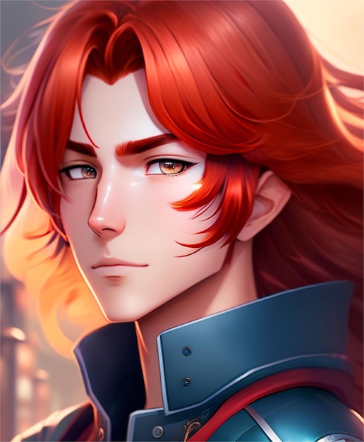 An anime boy with long flowing red hair