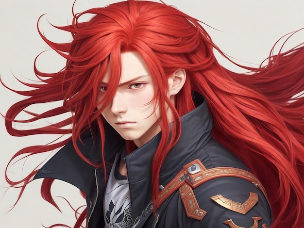 Аниме мальчик с длинными распущенными рыжими волосами.