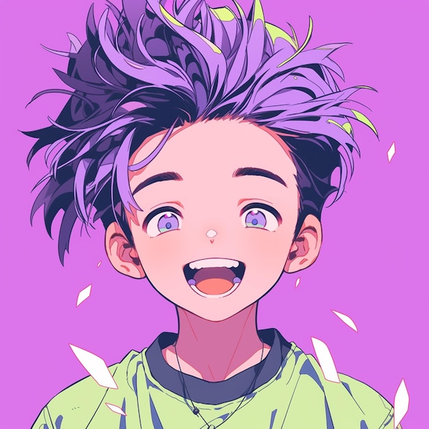 Фото Аниме мальчик с фиолетовыми волосами и зеленой рубашкой улыбается генеративный ай