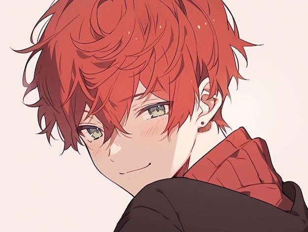 anime boy with red hair and green eyes in a black jacket generative ai