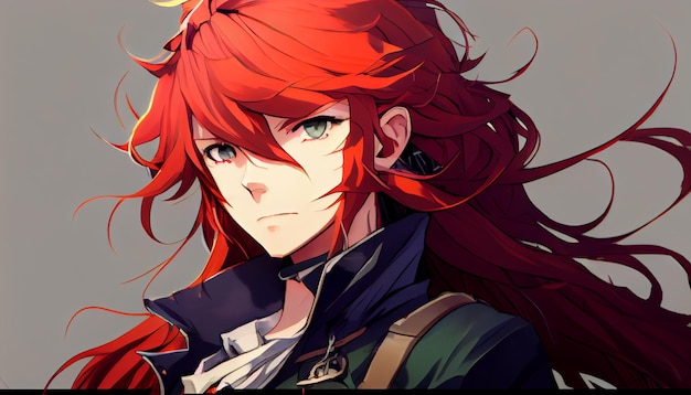 An anime boy with red long hair