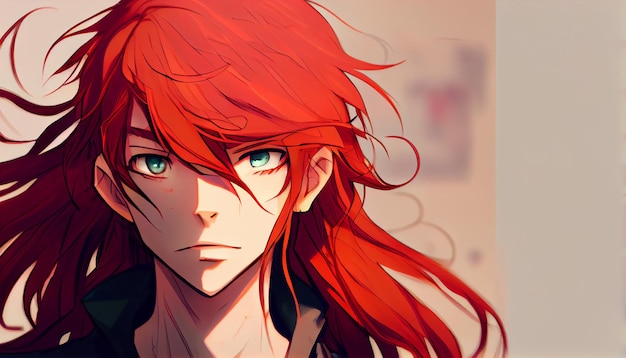 An anime boy with red long hair