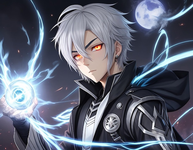 Premium AI Image  An anime boy with silver hair and mysterious glowing eyes