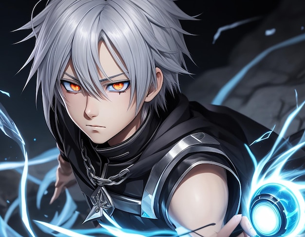 Premium AI Image  An anime boy with silver hair and mysterious glowing eyes