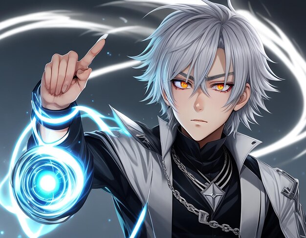 Premium AI Image  An anime boy with silver hair and mysterious glowing eyes