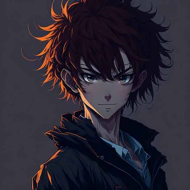 Аниме-мальчик с стильными красными волосами.