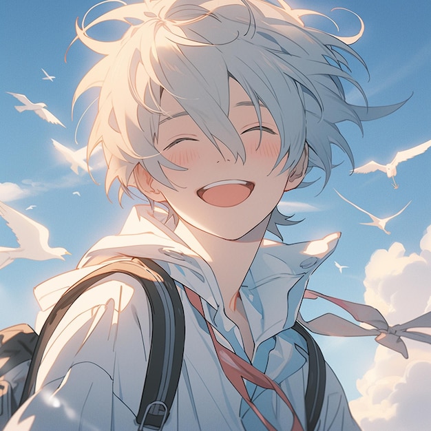 Premium AI Image  Anime boy with blue eyes looking up at the sky