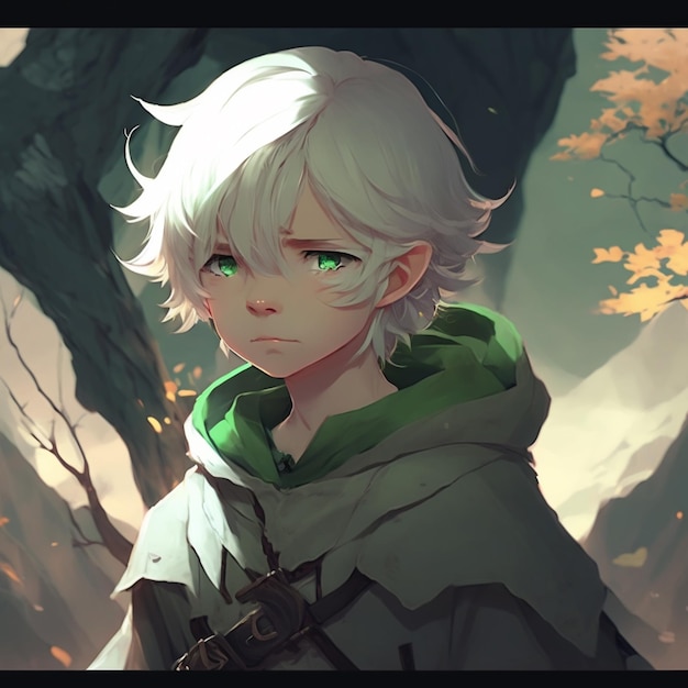 Free: Anime boy with white hair and green eyes