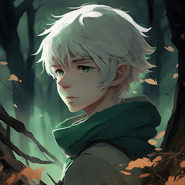 anime boy with green eyes and a tie in a forest. generative ai