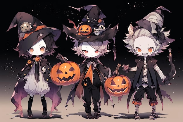 anime Cartoon kinderen in kostuums Trick or Treating met jack o lantaarn op Halloween-avond