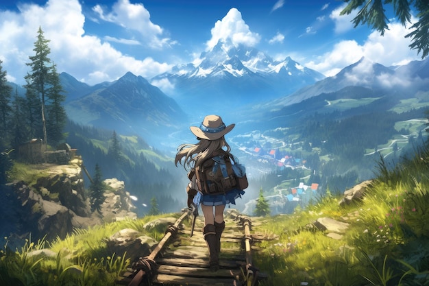 Anime cartoon landscape and beautiful view of the landscape a boy traveler travels alone waiting for the train and looking at the horizon in the anime style of hayao miyazaki