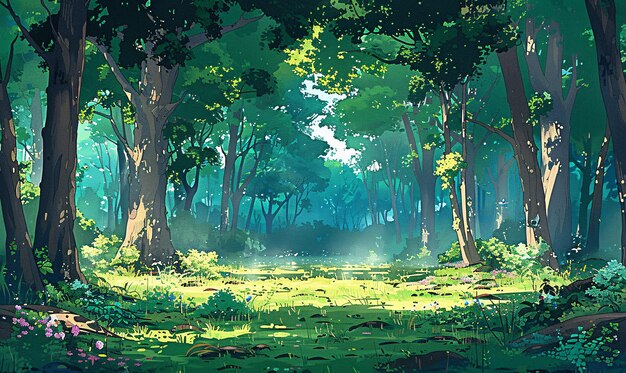 Photo anime cartoon style woodland forest background banner