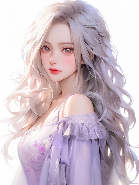 Anime and Cartoon Theme of Kawaii Girl violet hair wearing dress with Crown Flower Ai generated