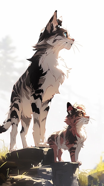 anime cat and dog standing on a rock in a field generative ai