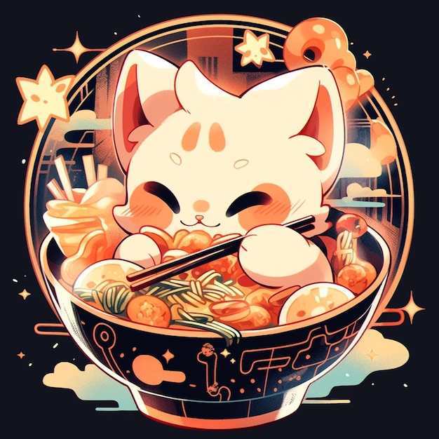 Anime cat eating noodles in a bowl with chopsticks generative ai