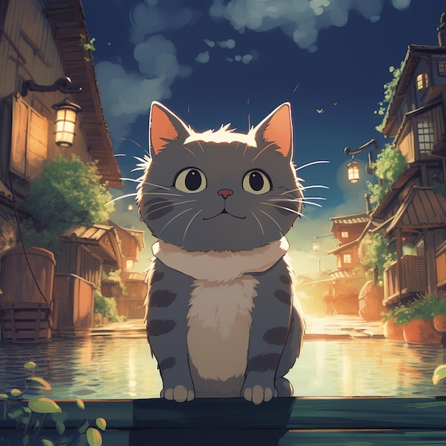 Anime cat sitting on a ledge in a narrow alley generative ai