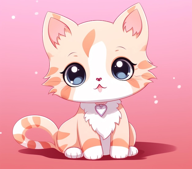 Anime cat with big eyes sitting on a pink surface generative ai