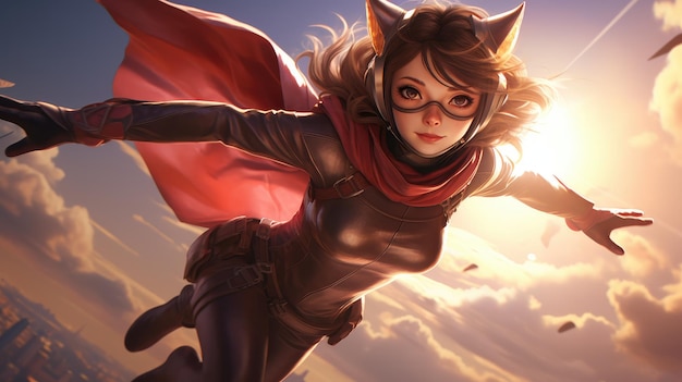 Photo anime catgirl with pointy ears as a superhero flying in the sky