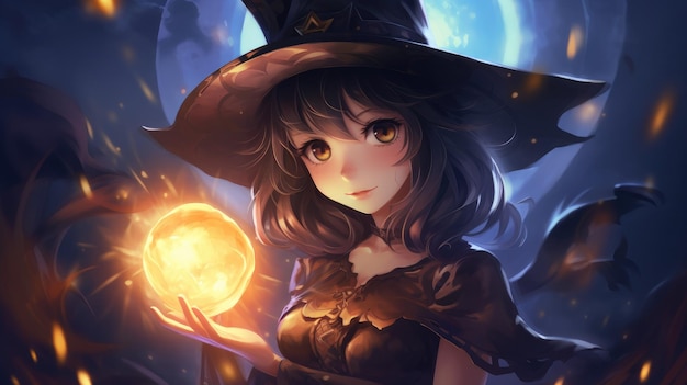 Anime catgirl with pointy ears and a cute witch hat casting a spell