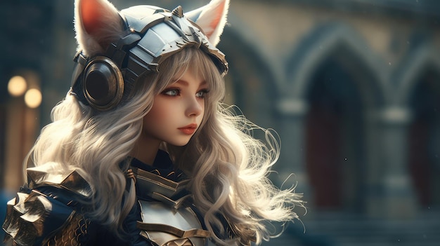 Anime catgirl with pointy ears dressed as a Medieval stye