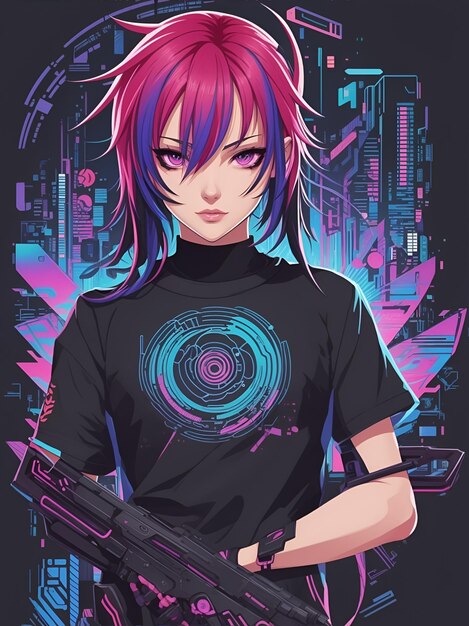 An anime character cyberpunk tshirt design illustration