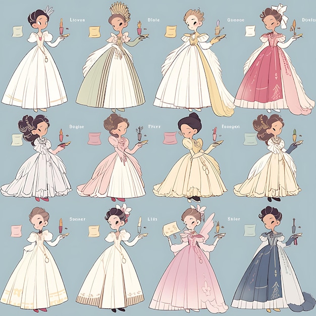 Photo anime character design female regency wedding fashion empire waist gown average hei concept art