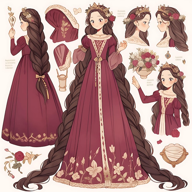 Anime Character Design Female Renaissance Gown Castle Garden Wedding Petite Burgund Concept Art