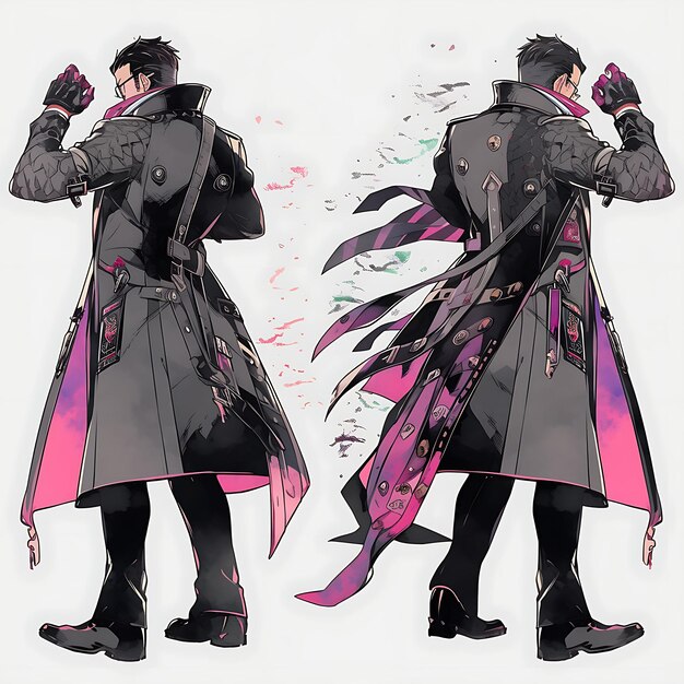 Anime Character Design Male Cyberpunk Gothic Wedding Fashion Leather Trench Coat an Concept Art