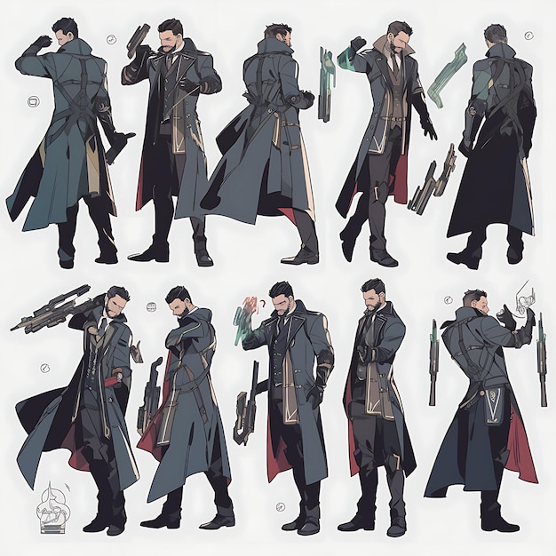 Anime Character Design Male Cyberpunk Gothic Wedding Fashion Leather Trench Coat an Concept Art