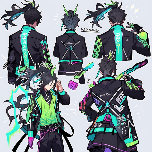 Photo anime character design male cyberpunk inspired outfit neon city wedding average hei concept art