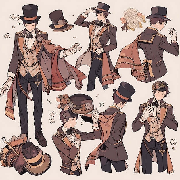Photo anime character design male steampunk wedding fashion tailcoat and top hat tall bro concept art