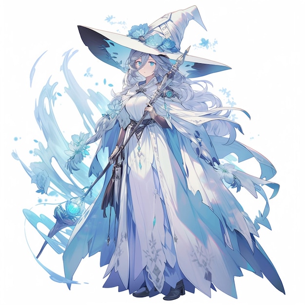 anime character dressed in blue and white with a hat and sword generative ai