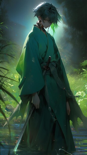 Photo anime character in green robe holding a sword in a river generative ai