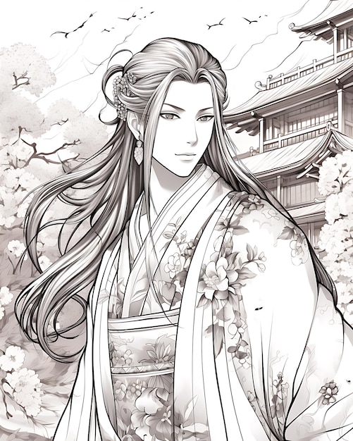 Anime Character in Long Flowing Hair Kimono