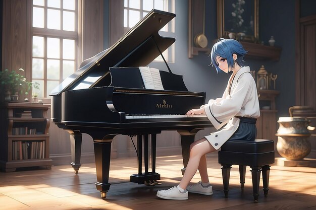 Anime character playing piano