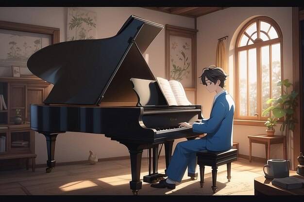 Аниме-персонаж играет на пианино