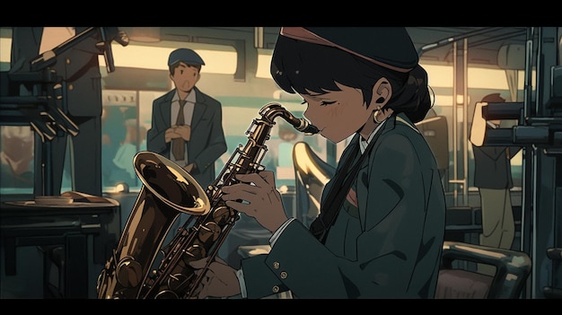 Anime character playing a saxophone in a music studio with other musicians generative ai