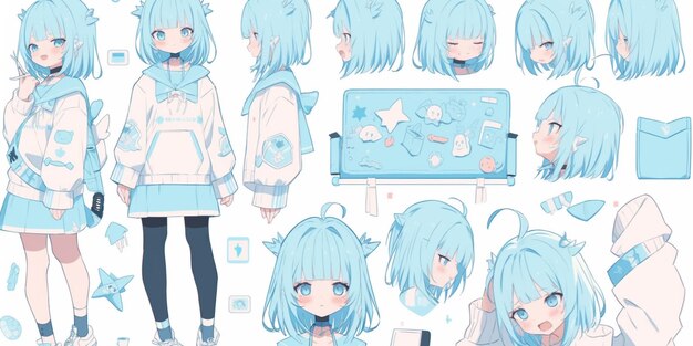 Anime character poses of a girl with blue hair and blue eyes generative ai