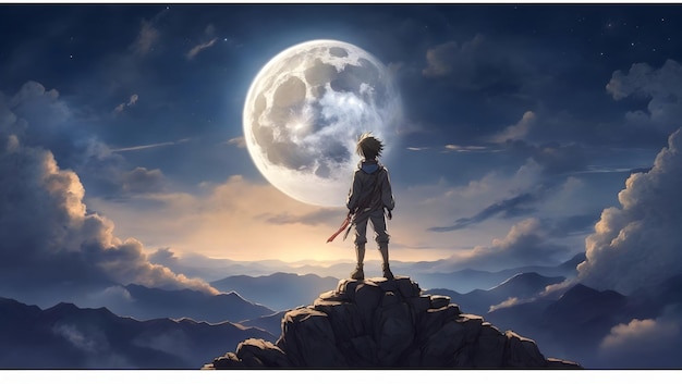 An anime character standing on a mountain peak illuminated by the light of the full moon looking o