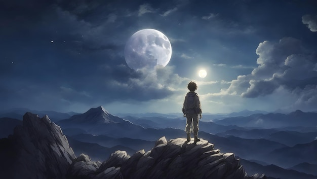 An anime character standing on a mountain peak illuminated by the light of the full moon looking o