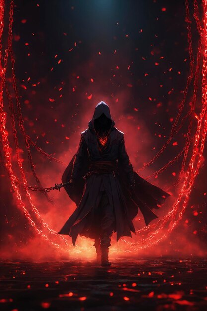 An anime character stands amidst a dark crimson sea