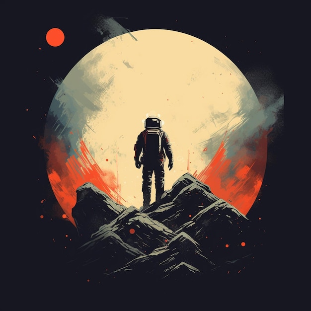 Anime character staring at full moon from a mountain tshirt design