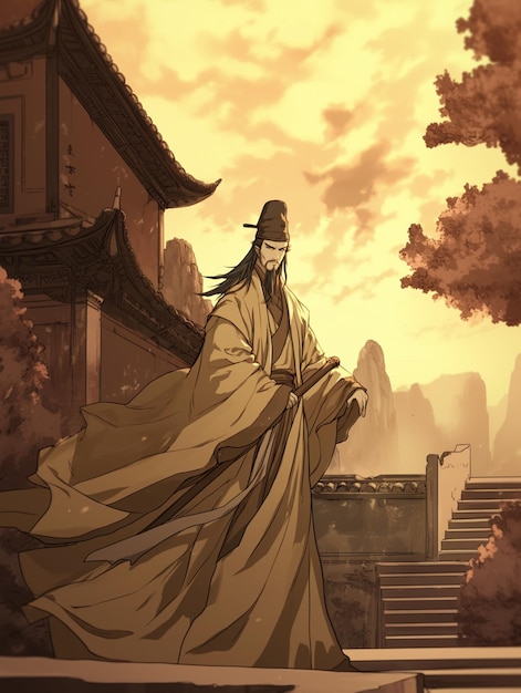 anime character in traditional chinese dress standing on steps in front of a building generative ai