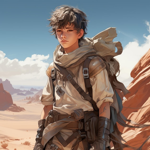 Anime character with backpack in desert area with rocky terrain generative ai