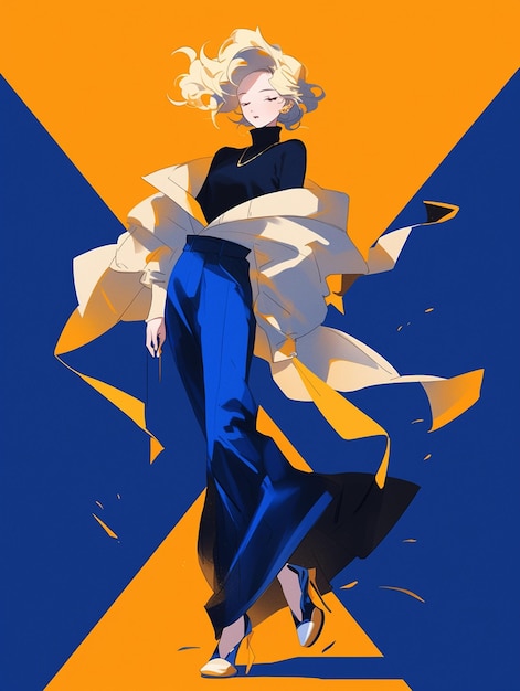 anime character with blonde hair and blue pants and a yellow background generative ai