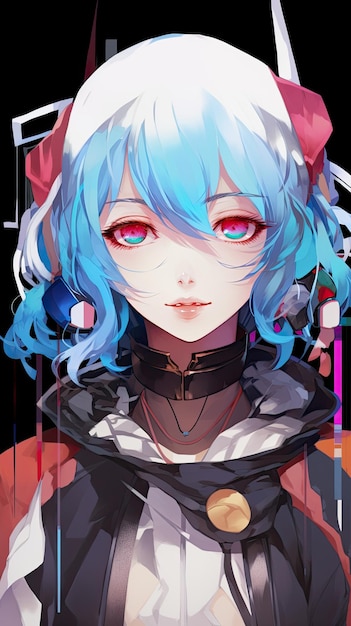 A anime character with blue hair and red eyes generative ai image