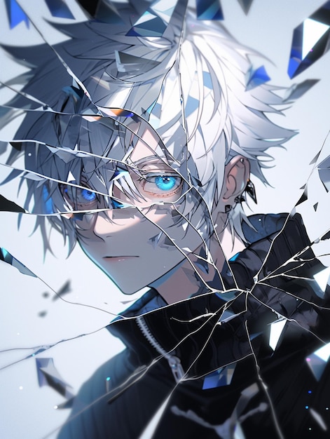 anime character with broken glass and blue eyes looking at camera generative ai